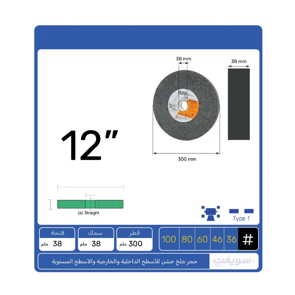 حجر جلخ أسود/أسمر مميز 12×1.5×1.5 بوصة من 123 – أكسيد ألومنيوم بصلابة منخفضة للجلخ الخشن