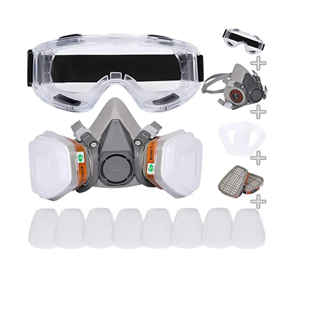 Reusable face mask with goggles and filter for protection during painting, gases, dust, polishing, cutting, and DIY work