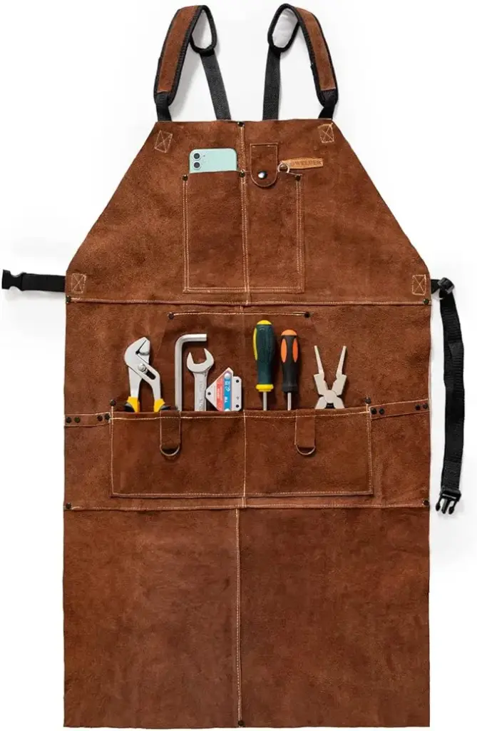 YESWELDER Leather Welding Apron – Strong Heat and Spark Protection with 6 Pockets and Hanging Loops
