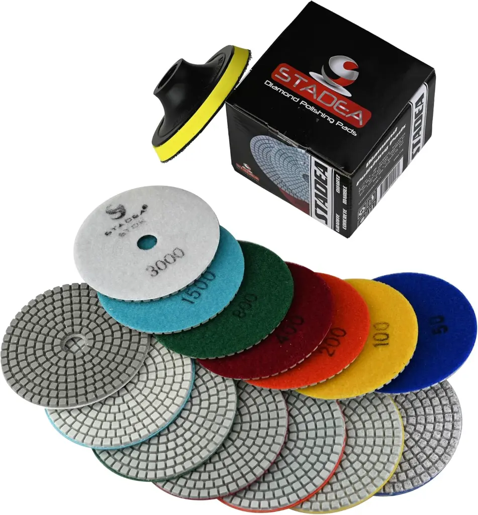 Set of Diamond Polishing Pads from Stadea – 4 Inch Size, 8 Pieces for Wet and Dry Polishing of Marble, Granite